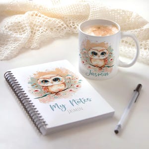 Juego de taza y cuaderno de búho (personalizable con nombre) - Búho acuarela - Regalo para niñas, escuela y oficina - 325 ml o 405 ml - A5