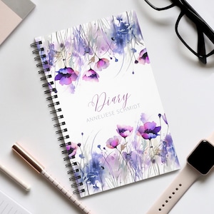 Personalisiertes Notizbuch Aquarell Wildblumen Tagebuch DIN A5 Notizheft Schreibblock Spiralblock Tagebuch Hausaufgabenbuch Schulanfang