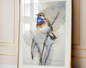 Giclée Kunstdruck Blaukehlchen Vogel Bild Aquarellbild Handgemalt Wohnzimmer Wand Deko Kinderzimmer Aquarell Geburtstag Geschenk Idee