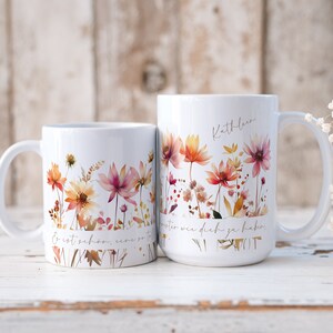 Keramik Tasse Personalisiert mit Name und Spruch Aquarell Wildblumen Orange Rosa Das besondere Geschenk für Kollegin oder beste Freundin 15oz