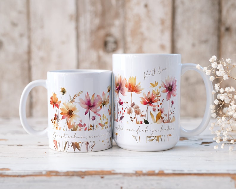 Keramik Tasse Personalisiert mit Name und Spruch Aquarell Wildblumen Orange Rosa Das besondere Geschenk für Kollegin oder beste Freundin 15oz