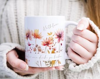 Keramik Tasse Personalisiert mit Name und Spruch Aquarell Wildblumen Orange Rosa - Das besondere Geschenk für Kollegin oder beste Freundin