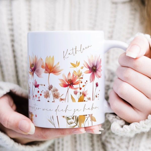 Ceramic mug personalized with name and saying watercolor wildflowers orange pink - the special gift for a colleague or best friend