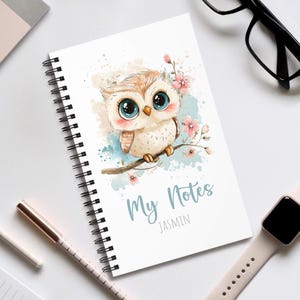 Lindo cuaderno de búho rosa turquesa – estilo acuarela A5 – personalizable con nombre – regalo para niñas, matriculación escolar, escuela, niños