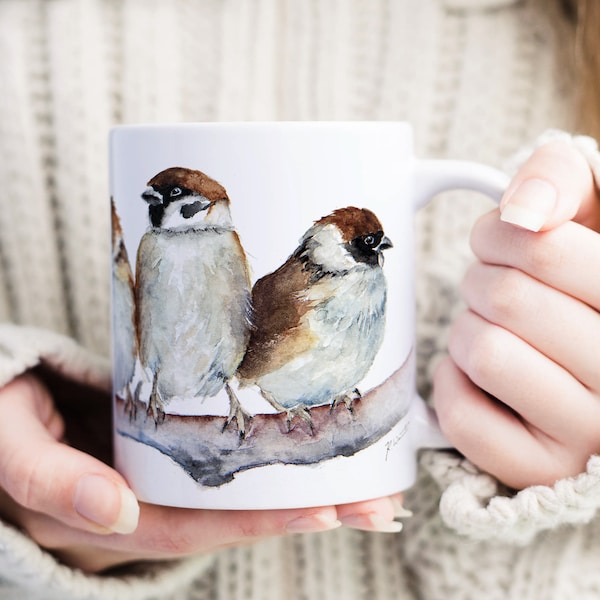 Keramik Tasse Vogel Aquarell Bild mit Spatzen Sperlinge - bedruckte Céramique Tasse Kaffeetasse - Geburtstag Geschenk Frau Bes