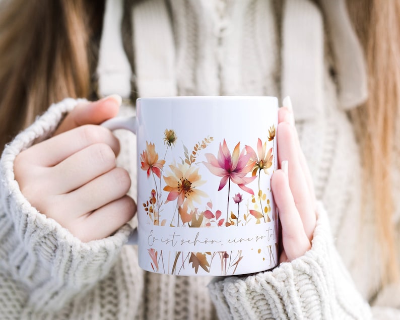 Keramik Tasse Personalisiert mit Name und Spruch Aquarell Wildblumen Orange Rosa Das besondere Geschenk für Kollegin oder beste Freundin Bild 7