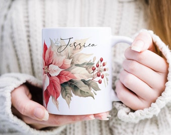 Christmas Mug Personalized Mug Christmas Poinsettia Red Gifts for Women Best Friend Colleague Christmas Gifts