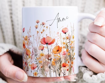 Personalized mug with name, coffee mug, tea mug, mug with floral print, gift for mom, name mug for best friend
