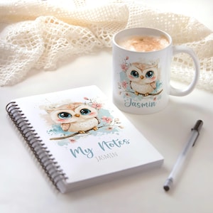 Set de regalo de búho personalizado: taza y libreta con nombre, búho rosa acuarela, regalo para niña, 325 g/400 g + A5