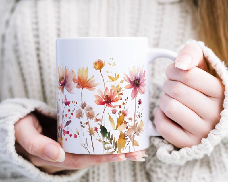 Keramik Tasse Personalisiert mit Name und Spruch Aquarell Wildblumen Orange Rosa Das besondere Geschenk für Kollegin oder beste Freundin Ohne Name + Spruch