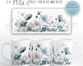 Custom Wildflower Mug Wrap PNG – Bluish Floral Mug Sublimation Design – Coffee Mug Wrap 11oz 15oz – Floral Mug Template – Digital Download