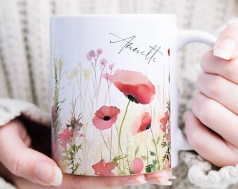 Personalized mug with red poppies watercolor design – mug with name – gift for girlfriend, mom, colleague – wildflower mug