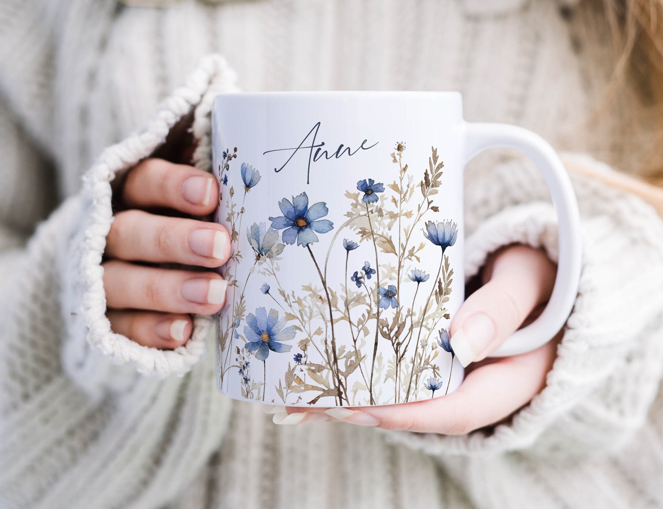 Keramik Tasse Personalisiert Blaue Wildblumen Vintage Boho Bedruckte Céramique Tasse Kaffeetasse - Geburtstag Geschenk Frau Beste Freundin