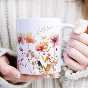 Keramik Tasse Personalisiert mit Name und Spruch Aquarell Wildblumen Orange Rosa Das besondere Geschenk für Kollegin oder beste Freundin Nur Name oben