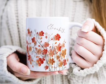 Kaffee Tasse Personalisiert mit Name 3D Design Wildblumen Orange Rot - Das besondere Geschenk für Frauen Kollegin oder beste Freundin