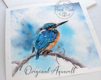 Kingfisher Bird Watercolor Painting: Original artwork featuring a kingfisher on a branch - 100% hand-painted and signed - Size 26 x 26 cm