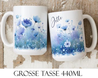 Taza personalizada con diseño de aciano y nombre – Taza de café con acuarela de aciano azul | Regalo floral para mamá, novia o tía.