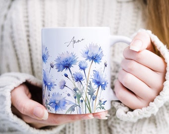 Ceramic Mug Personalized with Name Mug Flowers Blue Cornflowers Mug Cups Personalized Gift for Women Best Friend Colleague