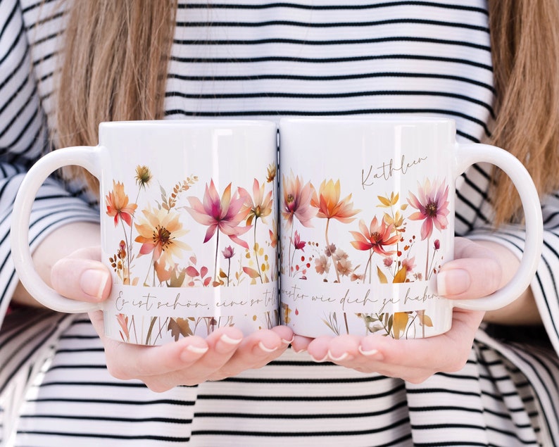 Keramik Tasse Personalisiert mit Name und Spruch Aquarell Wildblumen Orange Rosa Das besondere Geschenk für Kollegin oder beste Freundin Bild 6