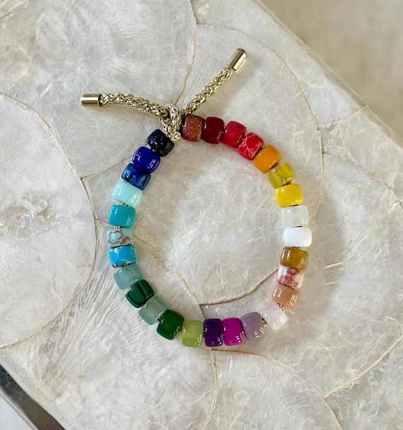 Starburst Bracelet | Gemstone Pony Bead Bracelet | Forte Bead Inspired | Big Bead Rainbow Bracelet