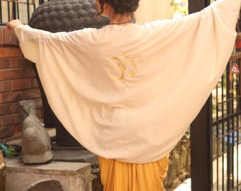 Meditation Shawl with Golden Om Embroidered |  Women Cover Up, Kimono Cover up, Beige & Gold Cover Up, Yoga Cover Up, Womens Beige Shawl