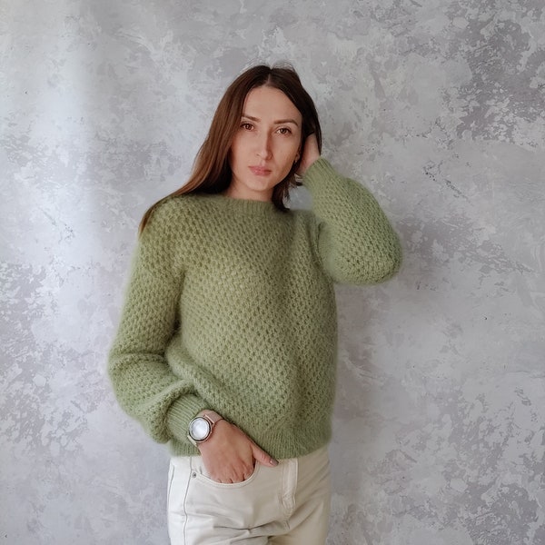 Pull Angora : Tricots romantiques faits à la main, pull angora chaud, pull angora vert