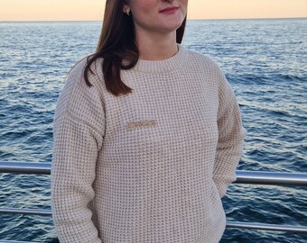 basic beige bead-embroidered sweater, women's cashmere sweater, merino sweater
