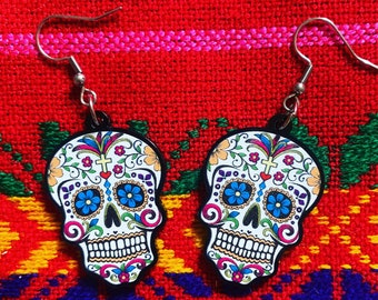 Red Hot Chili Pepper Sugar Skull Silver Clip On Earrings Day of Dead Halloween 