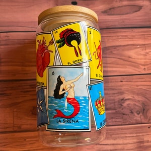 Mexikanisches Glas, mexikanische Dose, Loteria Glas, mexikanische Loteria, el corazon, la sirena, Bierglas, Bierdosenglas