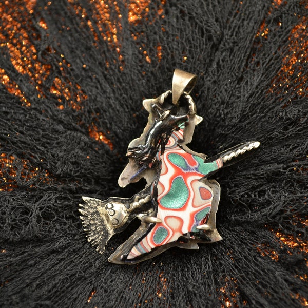 Halloween Fordite Pendant of Witch Riding Broom