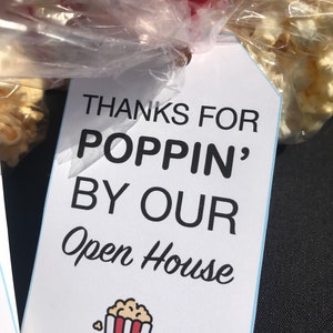 Makelaar Open Huis, Bedankt voor Poppin' door onze Open Huis, Makelaar Geschenken, Promotionele Visitekaartjes, Pop by tags, Popcorn Tag