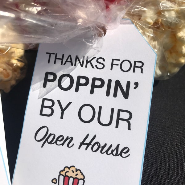 Realtor Open House, Thanks for Poppin' By Our Open House, Real Estate Agent Gifts, Promotional Business Cards, Pop by tags, Popcorn Tag