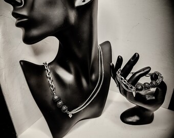 Stainless Steel Lava Stone Necklace Bracelet Set, Spiked Charm Jewelry