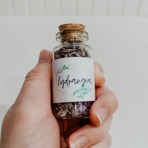 May include: A small glass jar with a cork lid filled with dried purple hydrangea petals. The jar has a white label with a green floral design and the word "hydrangea" written in cursive.