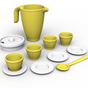 May include: A yellow plastic tea set with a pitcher, four cups, four saucers, a lidded sugar bowl, and a yellow spoon. The tea set is on a white background.