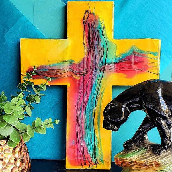 Decorative Cross With Mixed Media / Modern Wall + Shelf Decor For Your Home / Unique Home Decor / Gold, Turquoise, Fuchsia + Black