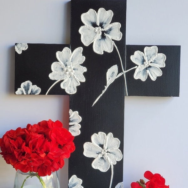 Decorative Floral Cross With Mixed Media / Modern Wall + Shelf Decor For Your Home / Unique Home Decor / Black + White