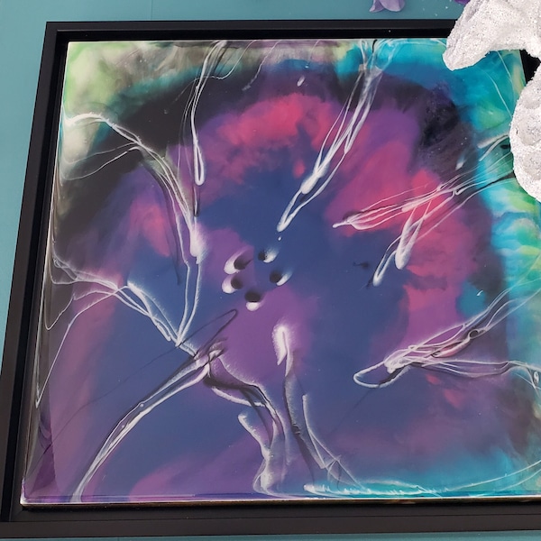 Abstract Flower Resin Painting / Modern Wall + Shelf Decor For Your Home / Unique Home Decor / Turquoise, Fuschia, Purple, Black, Chartreuse