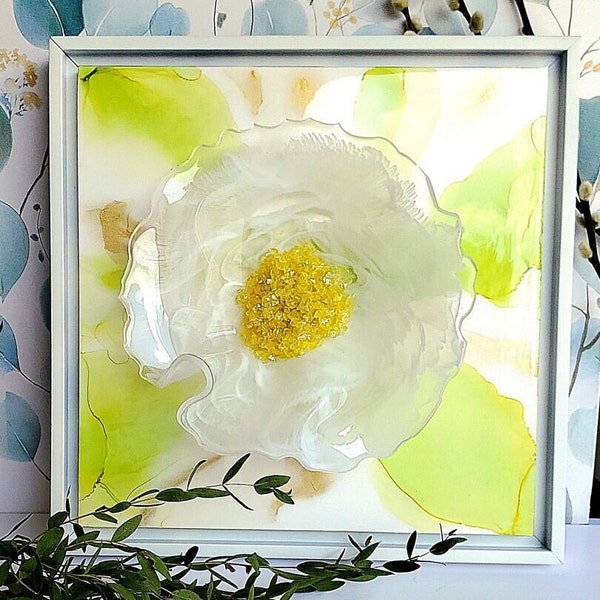 3D Flower Mixed Media Resin Art / Modern Wall + Shelf Decor For Your Home / Unique Home Decor / Yellow, Lime Green, Gold + White