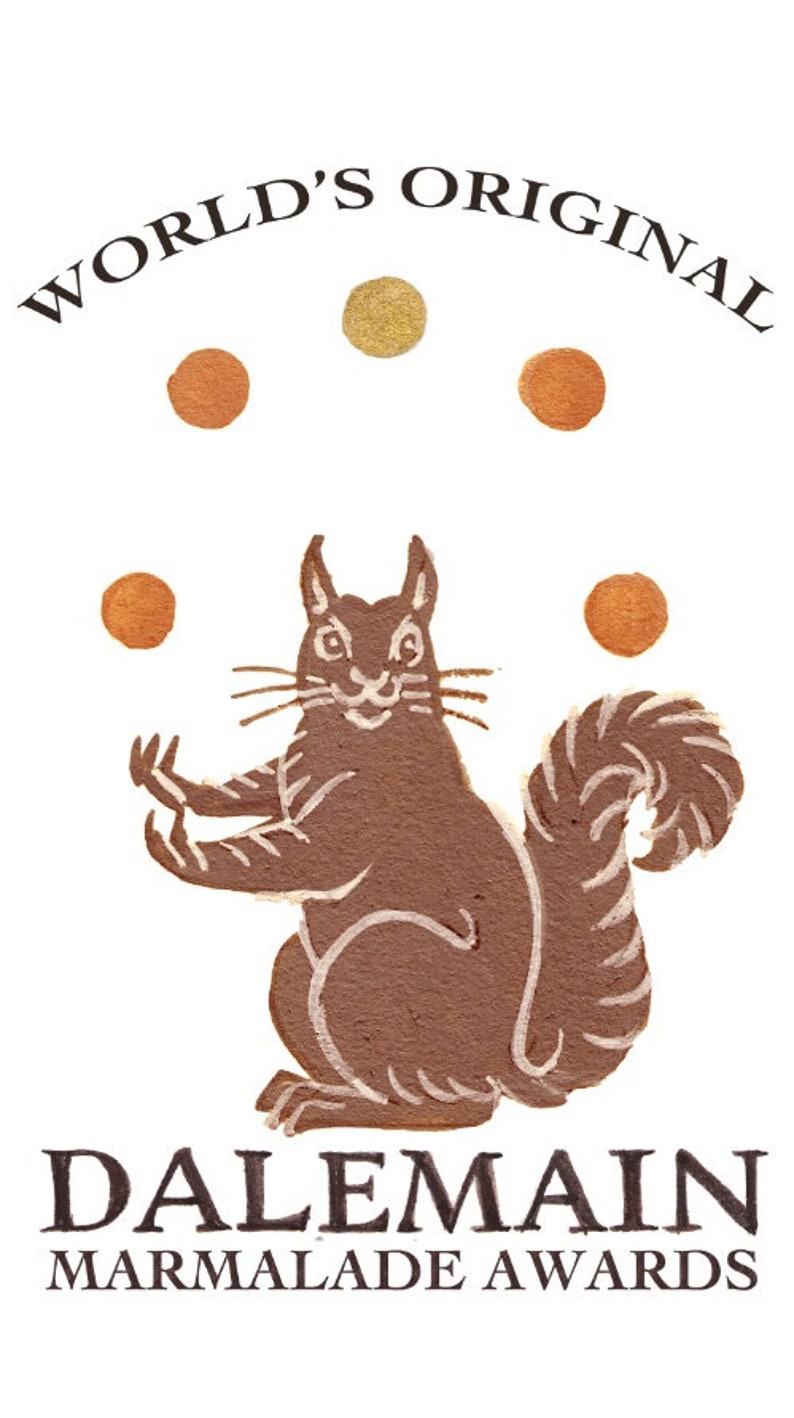 May include: A brown squirrel illustration with white accents and a curled tail is featured on a white background. The text "WORLD'S ORIGINAL" arches above the squirrel, with "DALEMAIN MARMALADE AWARDS" below.