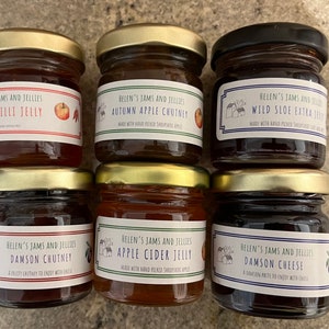 May include: Six small glass jars with gold lids filled with different jams and jellies. The labels are white with black text and feature a small illustration of a house. The labels read: Apple Chilli Jelly, Autumn Apple Chutney, Wild Sloe Extra Jelly, Damson Chutney, Apple Cider Jelly, and Damson Cheese.