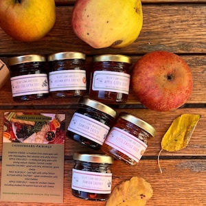 May include: Assortment of small glass jars filled with jams and jellies, including Damson Cheese, Apple Chilli Jelly, Wild Sloe Jelly, Autumn Apple Chutney, and Apple Cider Jelly. The jars have gold lids and labels with the name "Helen's Jams and Jellies". There are also apples and fall leaves on a wooden surface.