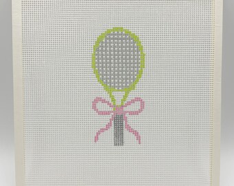 Hand Painted Preppy Pink and Green Bow Tennis Racket Needlepoint Canvas
