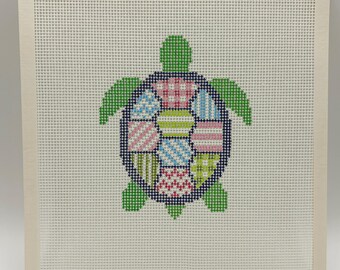 Hand Painted Preppy Patchwork Turtle Needlepoint Canvas