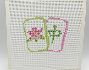 Hand Painted Pink and Green Mahjong Tiles Needlepoint Canvas
