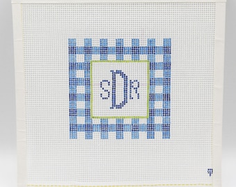Custom Hand Painted Gingham Monogram Needlepoint Canvas