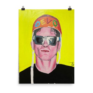 May include: A painting of a person wearing a red, orange, blue, and green hat with the word "DEVO" on it. The person is wearing black sunglasses and a black shirt. The background is yellow.