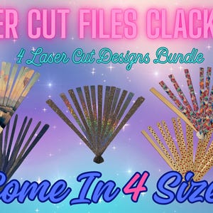 Op de afbeelding: Afbeelding toont een bundel lasergesneden ventilatorontwerpen. De tekst luidt "LASER CUT FILES CLACK FAN" en "4 Laser Cut Designs Bundle". De ventilatoren zijn in verschillende kleuren en patronen, met de tekst "Come In 4 Sizes".