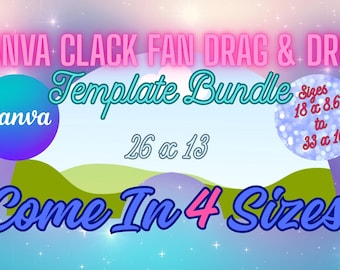May include: A digital graphic promoting a Canva template bundle. The design features text in pink, teal, and blue, with the Canva logo. The bundle includes templates in four sizes, ranging from 18x8.6 to 33x16 inches.