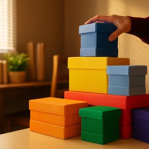 May include: A collection of colorful, stacked storage boxes in various sizes and hues, including blue, yellow, orange, green, red, and purple. The boxes have a ribbed texture and are arranged on a light-colored surface. A hand is placing a blue box on top.